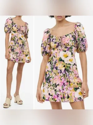 H&M Women’s Floral Cotton Pink Short Sleeve Spring Mini Dress Small thumbnail 2