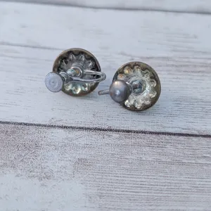 Vintage Screw On Earrings Faux Pearl with Clear Gem Halo - Heavy Tarnish/Wear thumbnail 6