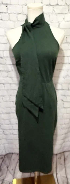 Zapelle dark green sleeveless midi sheath dress High Neck And Front Tie XS-2 thumbnail 1