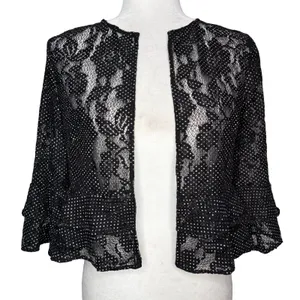 LRL Ralph Lauren Small Lace Overlay Cardigan Bell Sleeve Open Sheer Black Ruffle thumbnail 3