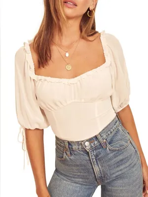 NEW Reformation Cantaloupe Ruffle Tie Sleeve Blouse Ivory 4 thumbnail 1