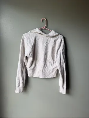 Cropped Quarter Zip Sweatshirt Small Oatmeal Heather Fleece Casual Athleisure thumbnail 4