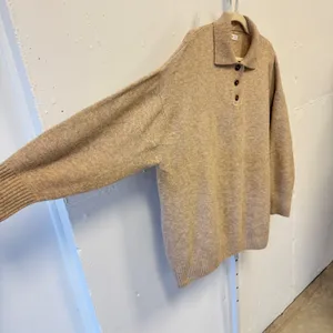 Mango MNG Women's Oversized Knit Polo Sweater Tan Marl Button Neck Large‎ thumbnail 4