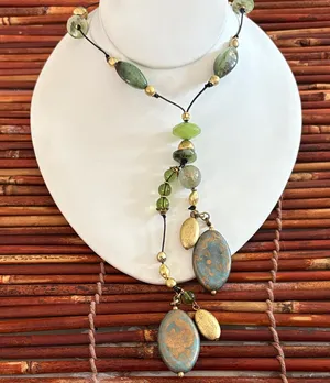 Chico's Green and Gold Statement Tassel Necklace 28” thumbnail 1