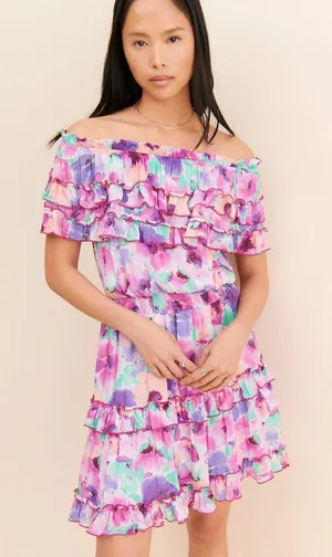 BTFL-Life Off-the-Shoulder Floral Mini Dress Purple Pink Ruffle Smocked Large thumbnail 1