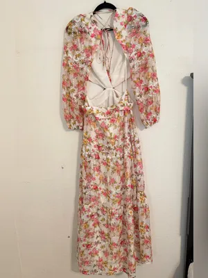 Gianni Bini Cream Floral Lace Maxi with Pink & Green Accents Size 6 thumbnail 2