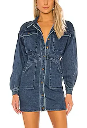 NWT Free People Bo Dress Indigo Blue Denim Shirt Long Sleeve Size L thumbnail 1