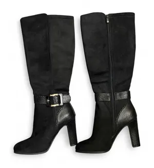 2000s Jessica Cline Y2K Black Knee High Boots Snakeskin Buckle Heeled Boots 6‎ thumbnail 1