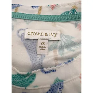 Crown & Ivy Pajama Set Top 2X‎ Pants 4X White Blue Leopard Palm Tree Print NWT thumbnail 6