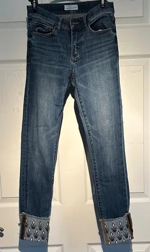 LOFT Blue Jeans with Patterned Cuffs thumbnail 1