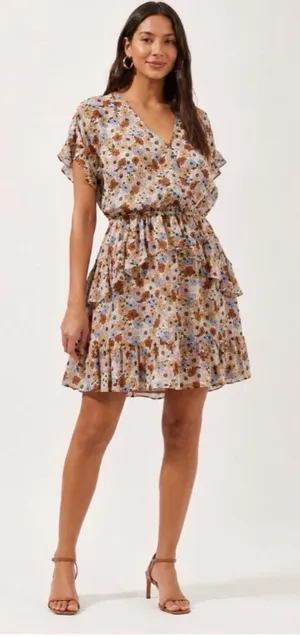 Astr Floral Tiered V-Neck Mini Dress in Beige, Blue, and Brown Sz XS thumbnail 1