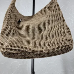 Vintage Sak Crochet Shoulder Bag 10" Dark Tan Nylon Ladies Handbag Pockets thumbnail 6