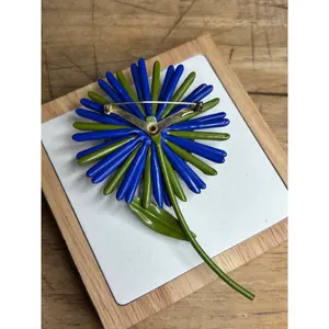 Vintage Blue & Green Flower Brooch Pin Handmade Glass Beads & Metal Backing thumbnail 2