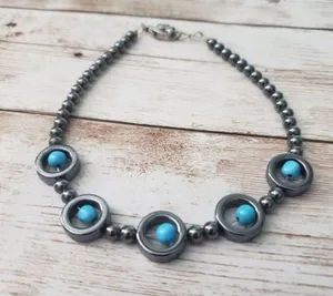 Dark Grey Metallic Beads - Turquoise Tone Beads Bracelet Clasp Closure thumbnail 2