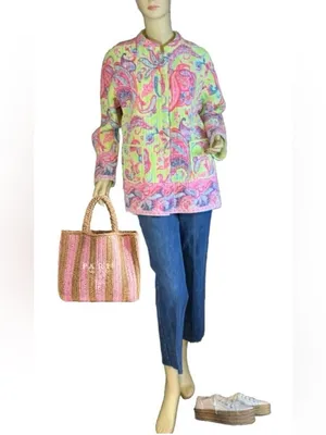 La Cera Pink & Green Paisley Print Quilted Reversible Jacket (L) thumbnail 2