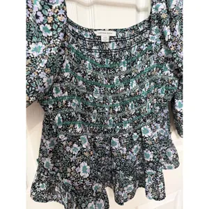 American Eagle Floral Smocked Peplum Top‎ Square Neck Puff Sleeve L thumbnail 5