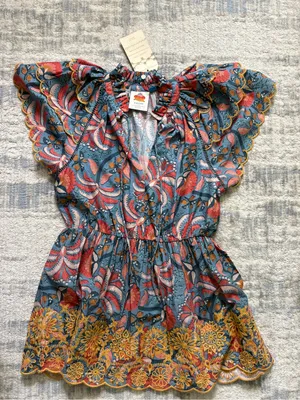 NWT FARM Rio Anthropologie Ruffled Short Dress — Blue with Coral & Mustard thumbnail 1