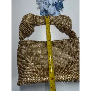 Gold Rhinestone Mesh Knotted‎ Handle Evening Handbag with Detachable Chain Strap thumbnail 7
