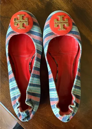 Tory Burch Striped Ballet Flats with Red Logo Accent thumbnail 1