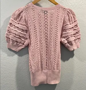 Express Pink Puff Sleeve Blouse with Ruffled Ribbed Design thumbnail 2