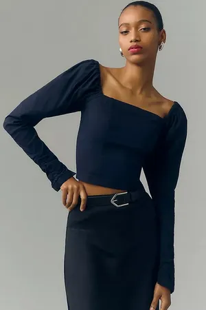 Maeve The Wynne Square Neck Long Sleeve Cropped Top Navy Blue M thumbnail 1