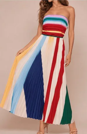 Strapless Maxi Dress, multicolored, pleated, size small, tube top style bodice. thumbnail 1