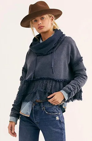 Free People Playing in Plaid Pullover Cowl Neck‎ Fringe Sweatshirt Size Small thumbnail 1