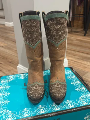 LANE Western Embroidered Floral Studded Turquoise Boho Cowgirl Boots | Size 8.5 thumbnail 6