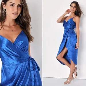 LULUS Floral Sexy Chic Romantic Floral Satin Royal Blue Wrap Dress NWT thumbnail 2