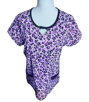 Betsey Johnson Pink Leopard Heart Print Scrub Top V-Neck Medical scrubs sz M thumbnail 1