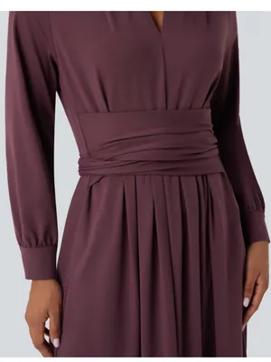 Halara NWT V-neck Long Sleeve Tie Back Midi Work Dress with Pockets in Plum Wine thumbnail 3