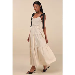NWT Lulus Bembe Beige Tie-Strap Tiered Maxi Dress Coquette Holiday Resort Sz S thumbnail 3