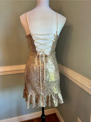 Gold Sequin Spaghetti Strap Mini Dress size 0 thumbnail 2