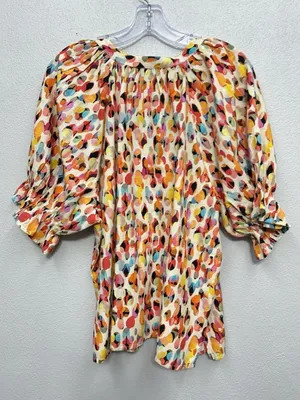 Liverpool Multicolor Puff-Sleeve Blouse XL Dot Print V Neck Short Sleeve READ thumbnail 1