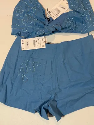 Zara Blue Embroidered Halter Crop Top & Shorts Set thumbnail 4