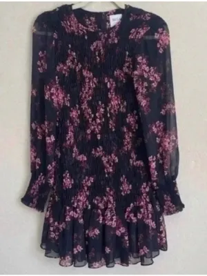 Misa Los Angeles Black Floral Long Sleeve Smocked Mini Dress with Pink Blossoms thumbnail 2