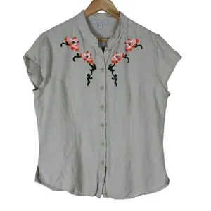 Bogari Button Down Top Womens L Cream Linen Floral Embroidered Boho Southwestern thumbnail 2