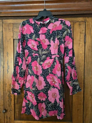 O Anthropologie Linen Kachel Black Mini Dress with Pink Floral Print NWOT size 4 thumbnail 3