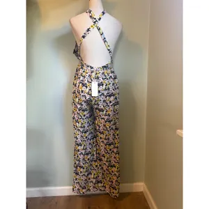 VICI Floral Halter Wide Leg Jumpsuit Yellow Pink Black Medium boho resort dainty thumbnail 3