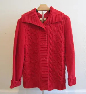 Jones New York‎ Sport Cardigan M Red Cable Knit Shawl Collar Snap Front Sweater thumbnail 1