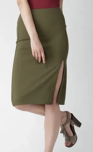 Forever 21 Womens S Midi Pencil Skirt Olive Green Stretch Side Slit thumbnail 1