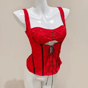 Others Follow Red Textured Wide Strap Corset Top thumbnail 3