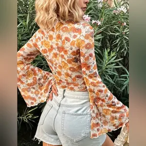 NWT Floral Mesh Mock Neck Top Bell Sleeves Size M Boho Y2K Hippie 70s Chic thumbnail 4