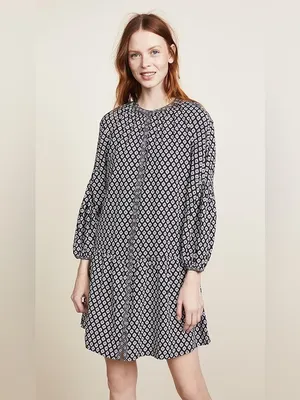 Joie Hagi Long Bishop Sleeve Ditzy Tile Print Black/White Drop BohoDress Size XS thumbnail 12