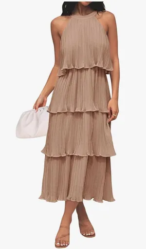 Amazon Ruffle Layered Long Maxi Dress Halter Top Brown wedding guest thumbnail 1