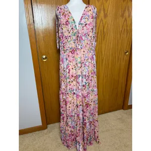 Shoshanna Midnight Zahra Gown Pink Floral Metallic Tiered Maxi Dress 12 AS IS thumbnail 2