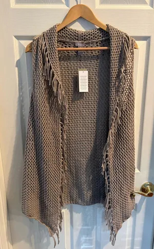 Chicos Open Weave Fringe Cardigan Shrug in Taupe thumbnail 1