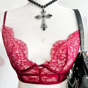 Red Sheer Lace Bralette, Y2K, Lingerie, Coquette, Romantic, Soft‎ Grunge, Small thumbnail 2
