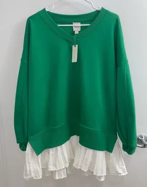 Anthropologie Maeve Ruffle Hem V-Neck Pullover Kelly Green Size L Preppy thumbnail 1