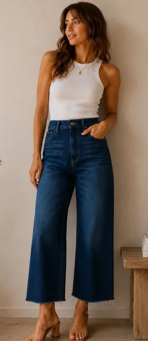 OAT New York High‎ Rise Wide Leg Raw Hem Cropped Denim Jeans thumbnail 1